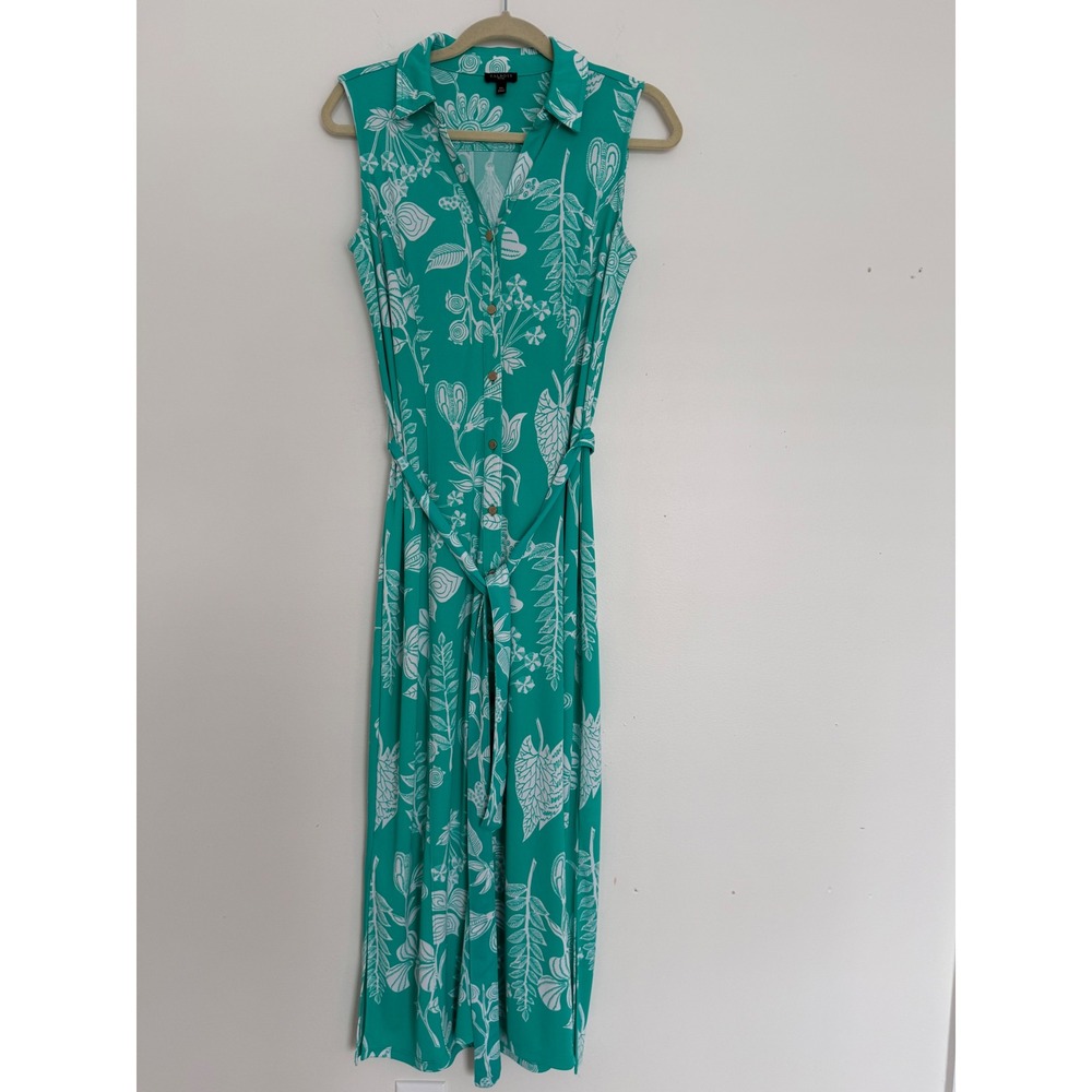 NWOT Talbots Green White Floral Sleeveless‎ Shirt Dress Medium Petite Midi